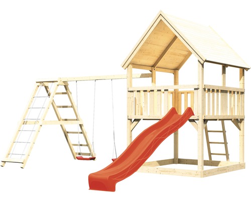 Spilltuerm aus Holz mat Schaukel, Kletterwand a Rutsch