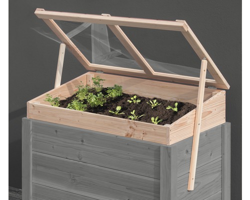 Support pour jardinière surélevée Konsta de 106 x 65 cm, en sapin de Douglas Châssis de culture en bois avec couvercle ouvert et plantes