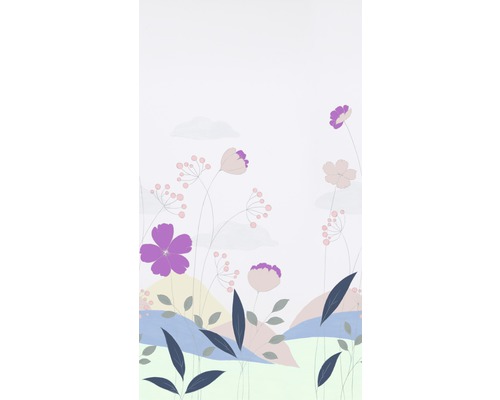 Bordüre 45911 Kunterbunt Blumen weiß lila 5 x 1,04 m Illustration von Blumen und Blättern auf einem hellen Hintergrund
