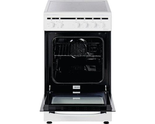Cuisinière électrique blanche avec porte du four ouverte et boutons de commande sur le dessus
