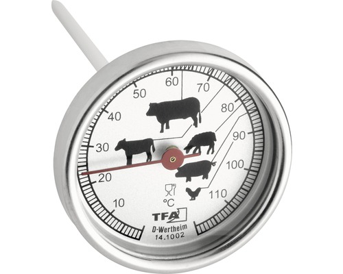 TFA Dostmann thermomètre de cuisson thermomètre à viande thermomètre de four thermomètre à barbecue analogique Ø 51 mm plage de température 10-110 °C résistant à la chaleur différents niveaux de cuisson acier inoxydable