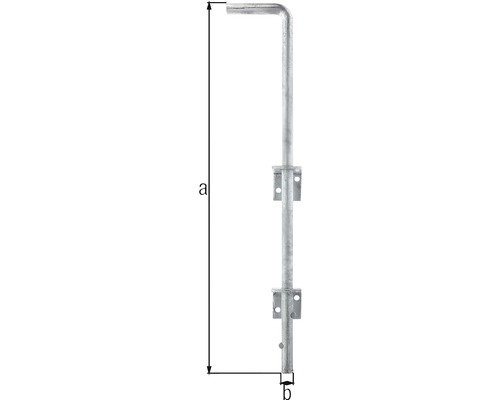 Loquet de portail en métal avec pattes de fixation et indications de taille