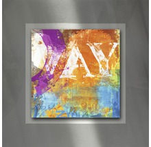 Abstraktes Wandbild mit Buchstaben in Metallrahmen