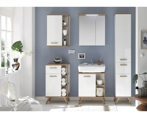 Ensemble de salle de bains avec lavabo, armoire de toilette, meuble bas et armoire haute