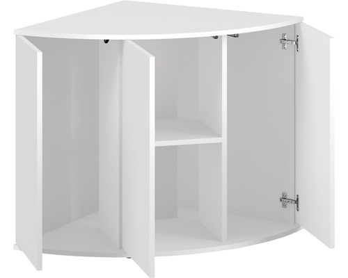 Meuble d''angle blanc avec portes ouvertes et étagères