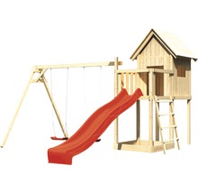 Cabane sur pilotis AKUBI Frieda en bois avec bac à sable, balançoire double, toboggan rouge