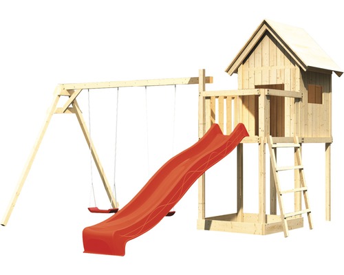 Spilltuerm mat Schaukel a Rutsch fir de Gaart