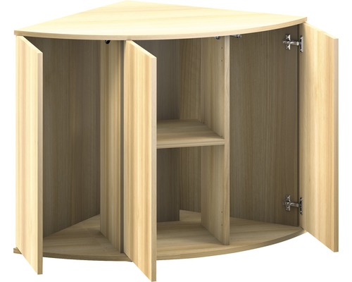 Meuble d''angle avec portes ouvertes et étagères intérieures