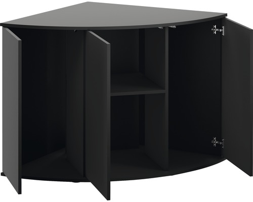 Meuble bas d''angle noir avec portes ouvertes et étagère