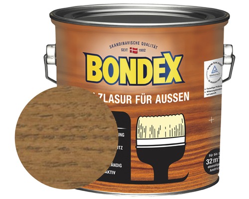 Lasure pour bois extérieur de Bondex dans une boîte métallique avec échantillon de couleur bois