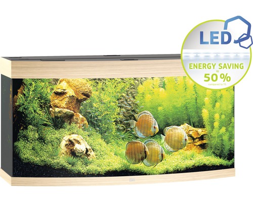 Aquarium aménagé avec poissons, plantes et pierres. Symbole LED pour une économie d''énergie de 50 % par rapport au T5.
