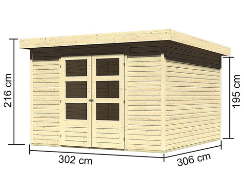 Holzgartenhaus mit den Maßen 302 cm x 306 cm und einer Höhe von 216 cm