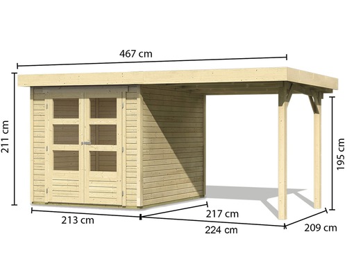 Abmessungen eines Gartenhauses aus Holz mit Anbau