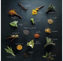 Arrangement de diverses herbes et épices, dont le safran, le curry, l''origan, la coriandre et la cannelle.