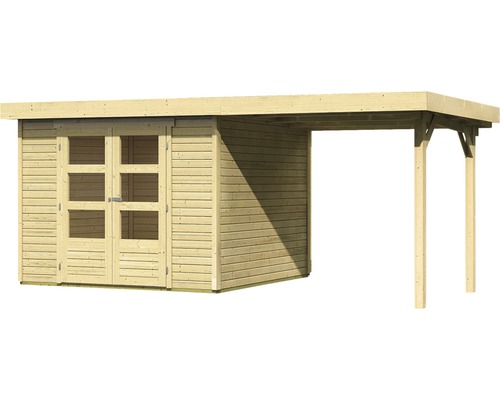 Holzgartenhaus mit Doppeltür und Anbau