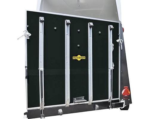 Hayons Humbaur rotatifs et pivotants pour Trolly Cattle 1500 mm x 1700 mm x 18 mm Vue arrière d''une remorque pour chevaux avec le logo Humbaur