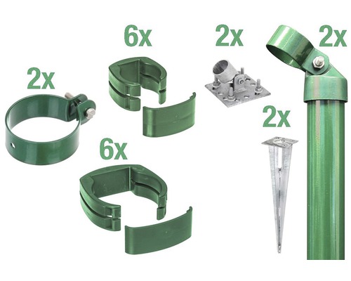 Zaunanschluss-Set ALBERTS FixClip zum Aufschrauben 81 cm grün Gartenzaun-Zubehörset mit Halterungen, Pfostenträgern und Erdspießen