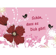 Grußkarte mit der Aufschrift Schön, dass es Dich gibt, Blumen und Vögel