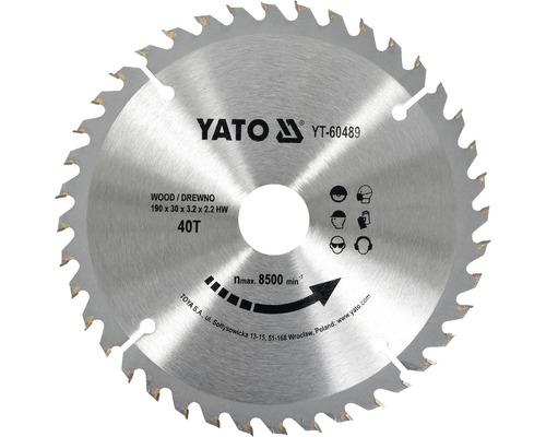 Lame de scie circulaire Yato pour bois, 190 x 30 millimètres, 40 dents