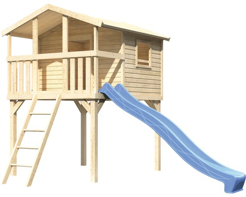 Holzspielhaus mit Leiter und Rutsche für Kinder