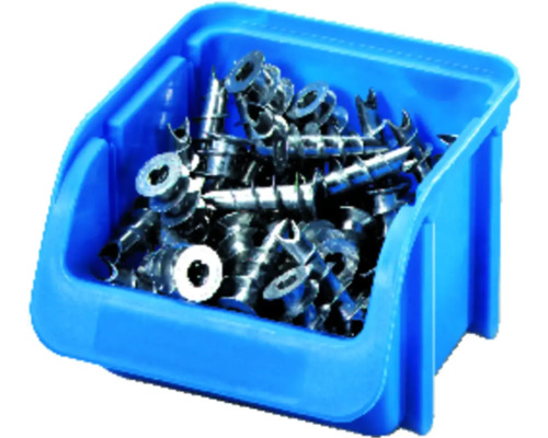 Blaue Aufbewahrungsbox gefüllt mit Trockenbaudübeln