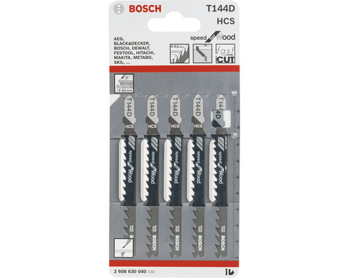Lames de scie sauteuse Bosch T144D HCS, lot de 5 pour bois