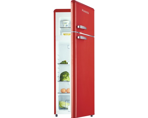 Roter Retro-Kühlschrank von Wolkenstein mit geöffneter Tür, gefüllt mit Lebensmitteln