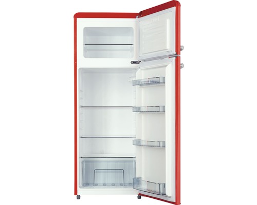 Geöffneter roter Kühlschrank mit Innenfächern