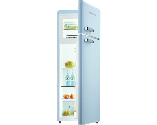 Réfrigérateur Wolkenstein au design rétro avec porte ouverte et aliments