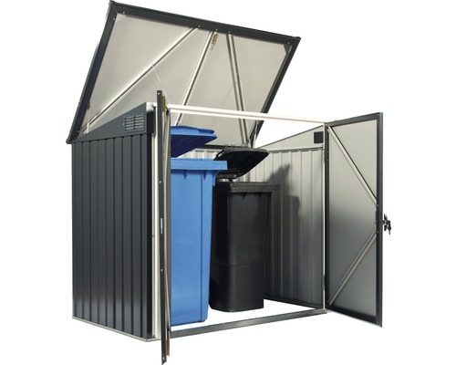 Mülltonnenbox aus Metall mit geöffnetem Deckel und zwei Mülltonnen