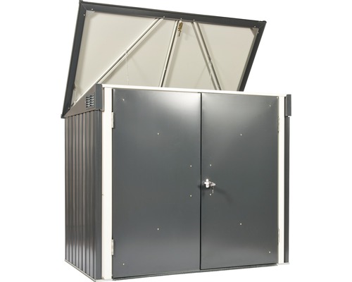 Geöffnete Gerätebox aus Metall mit abschließbarer Doppeltür