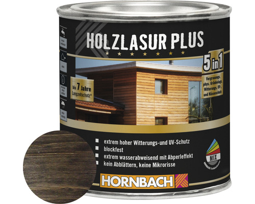 Lasure pour bois HORNBACH Plus bois d’ébène 375 ml Pot de lasure pour bois Plus avec échantillon de couleur et caractéristiques du produit