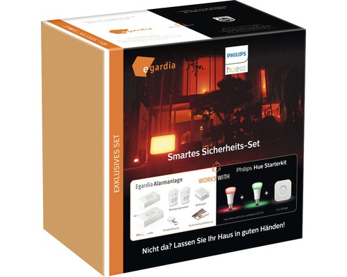 Kit sécurité intelligent Egardia avec passerelle Philips Hue, 2 x lampes, 2  x détecteurs de mouvements, télécommande, élément de commande, détecteur  d'intrusion, 4 x autocollants d'avertissement - HORNBACH Luxembourg