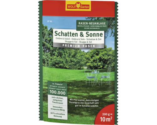 Semences de gazon WOLF-Garten Premium Ombre-Soleil 0.2 kg Wolf Garten Mélange de gazon Ombre et Soleil, adapté à la création d''une nouvelle pelouse