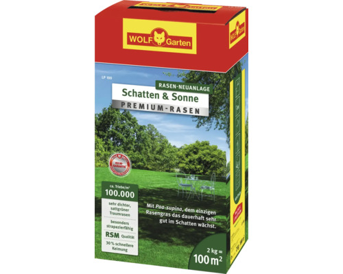 Rasensamen WOLF-Garten Premium Schatten-Sonne 2 kg 100 m² Wolf Garten Schatten und Sonne Premium Rasen Packung für Rasenneuanlagen