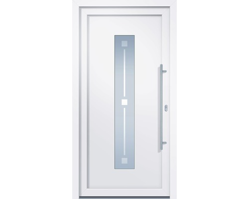 Weisse Haustür mit Glaseinsatz und Griff