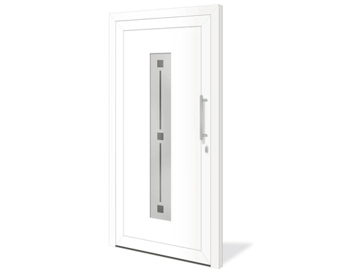 Weiße Haustür mit Edelstahlapplikationen und Griff