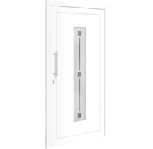 Porte d''entrée blanche avec insert en verre rectangulaire et poignée