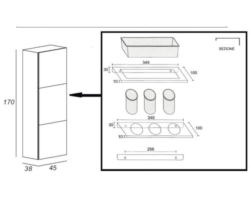 Technische Zeichnung eines Badezimmerschranks mit Maßangaben