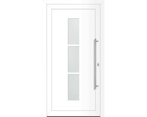 Porte d''entrée blanche avec trois inserts en verre et poignée en acier inoxydable