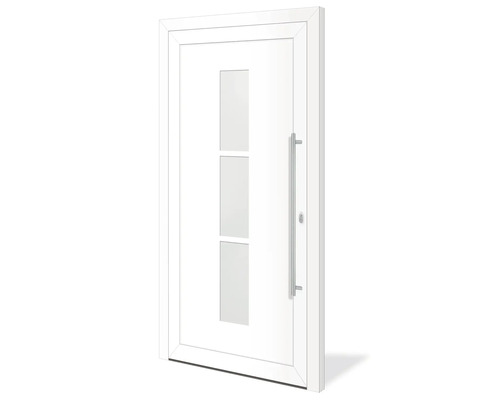 Porte d''entrée blanche avec inserts en verre et barre de préhension