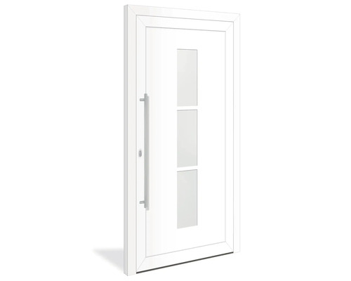 Porte d''entrée blanche avec trois fenêtres et poignée