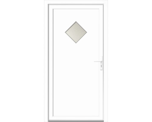 Porte extérieure blanche avec fenêtre losange et poignée