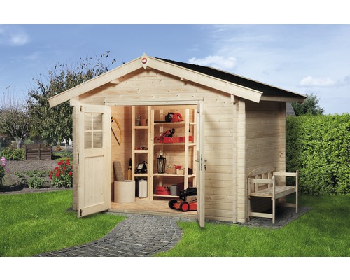 Abri de jardin weka avec plancher 380 x 280 cm naturel Abri de jardin en bois avec porte ouverte, étagères et outils de jardinage