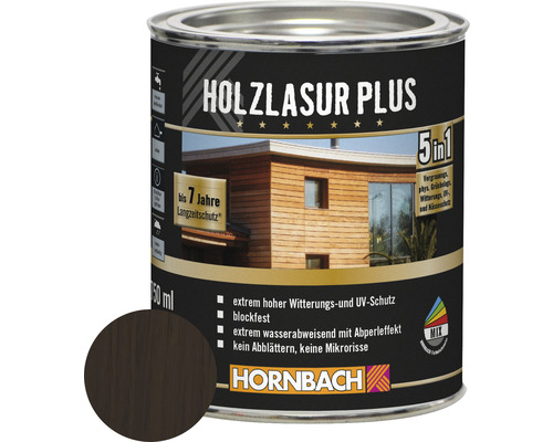 HORNBACH Holzlasur Plus palisander 750 ml Holzlasur Plus im Metalleimer für den Außenbereich mit bis zu sieben Jahren Langzeitschutz und Hornbach Logo.