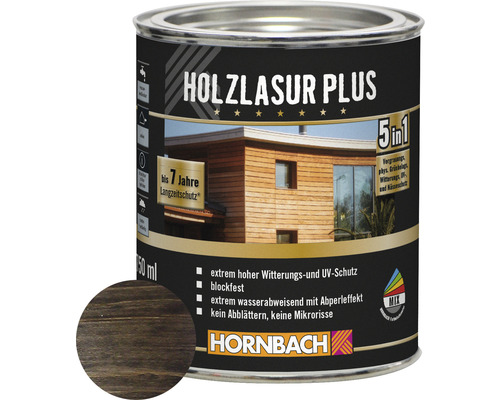 Lasure pour bois HORNBACH Plus bois d’ébène 750 ml Pot de lasure pour bois Plus, convient pour l''extérieur, avec jusqu''à 7 ans de protection longue durée