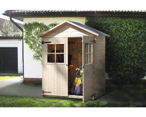Remise à outils weka avec plancher 185 x 105 cm naturel Abri de jardin en bois avec portes ouvertes et outils de jardinage