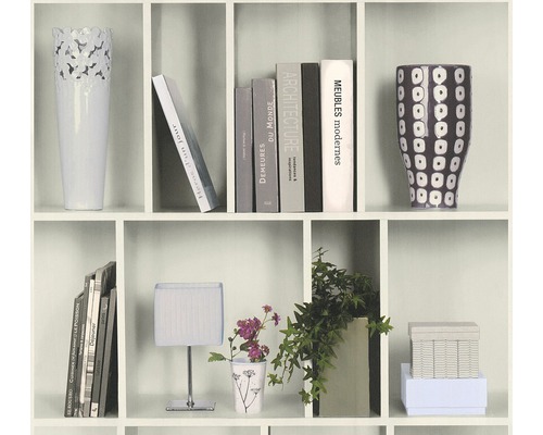 Papier peint intissé 36663-1 Authentic Walls 2 étagère Bibliothèque décorative avec livres, vases, plantes en pot et lampe de table