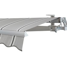 Store banne à bras articulé SOLUNA Concept 3x2 tissu dessin A131 châssis argent E6EV1 anodisé entraînement à droite avec manivelle-thumb-0