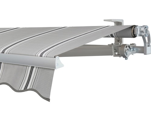 Store banne à bras articulé SOLUNA Concept 3x2 tissu dessin A131 châssis argent E6EV1 anodisé entraînement à droite avec moteur et interrupteur mural